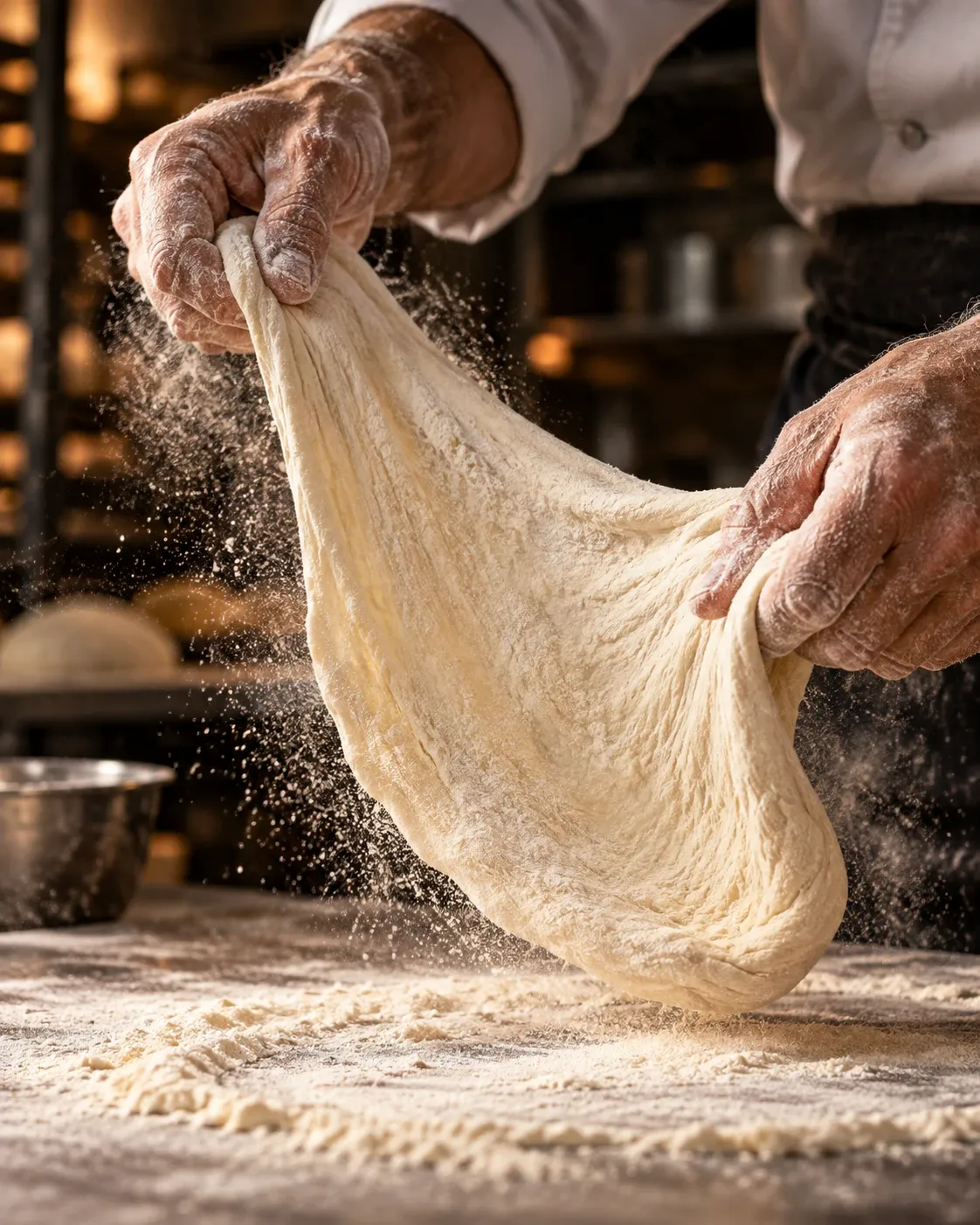 Mãos abrindo a massa de pizza, com farinha no ar sobre a bancada