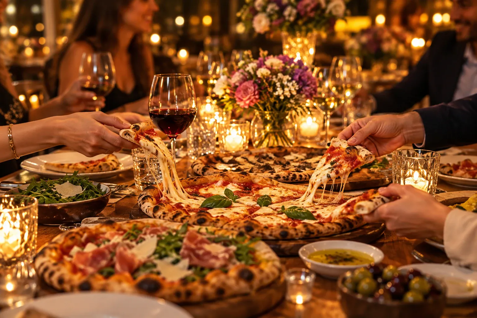 Amigos dividindo pizzas à mesa, com taças de vinho e velas acesas