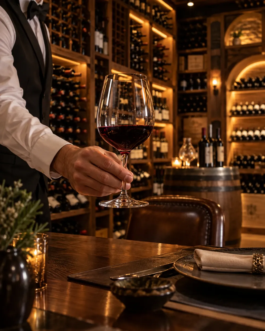 Sommelier servindo taça de vinho tinto na adega, com garrafas ao fundo